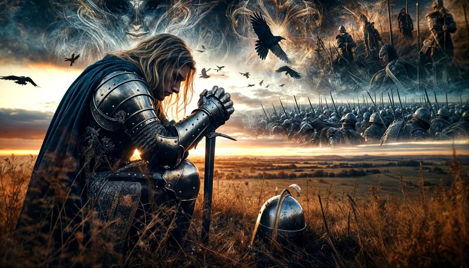 Knight's Prayer Amidst Fallen Soldiers: A Digital Masterpiec...