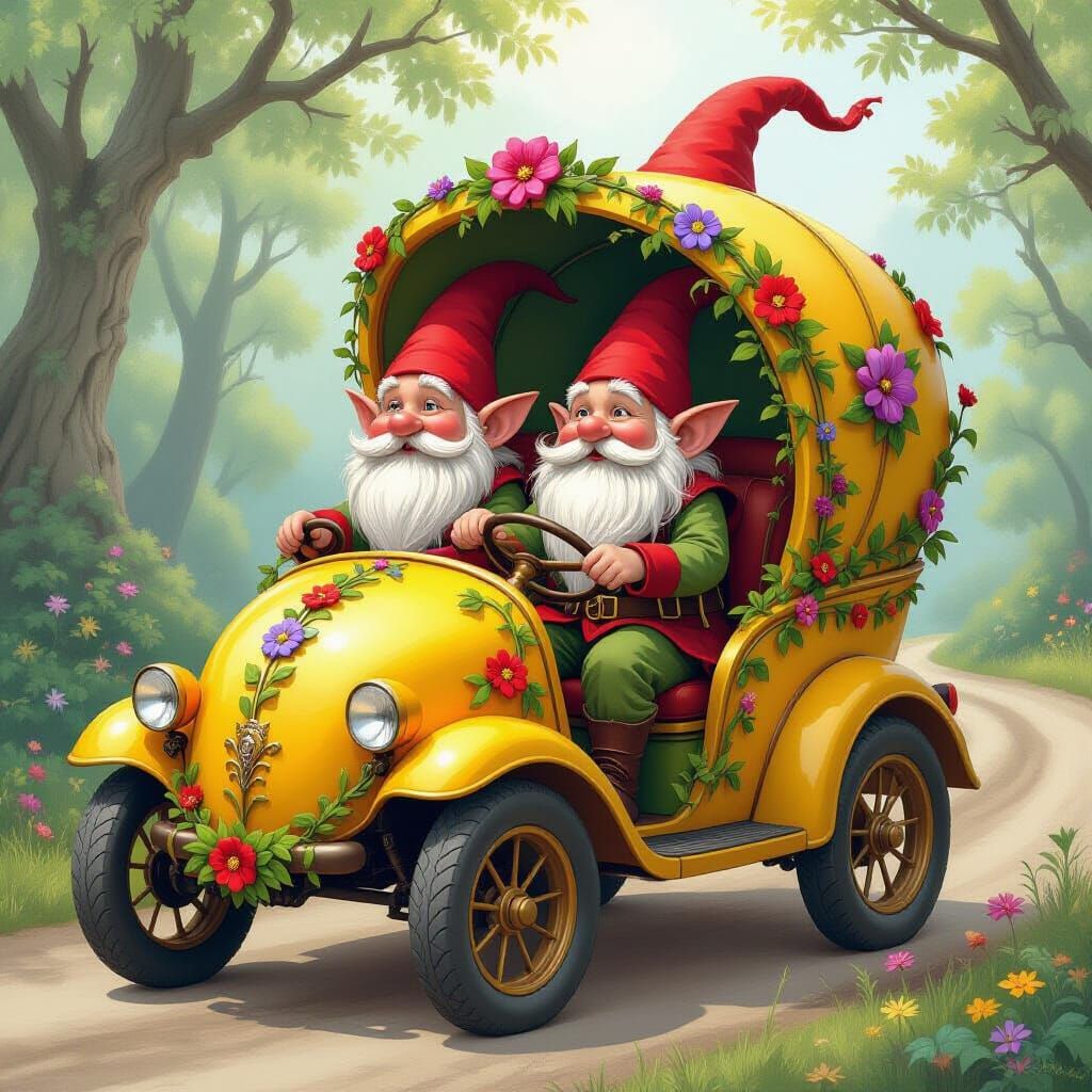 Gnomes Drive a Lemon Carriage in Whimsical Fairytale Style
