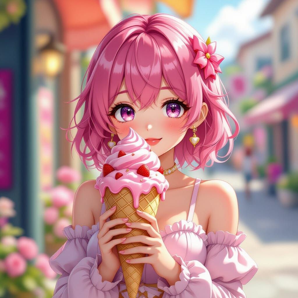 Cute Anime Girl With Strawberry Ice Cream in 3D Style