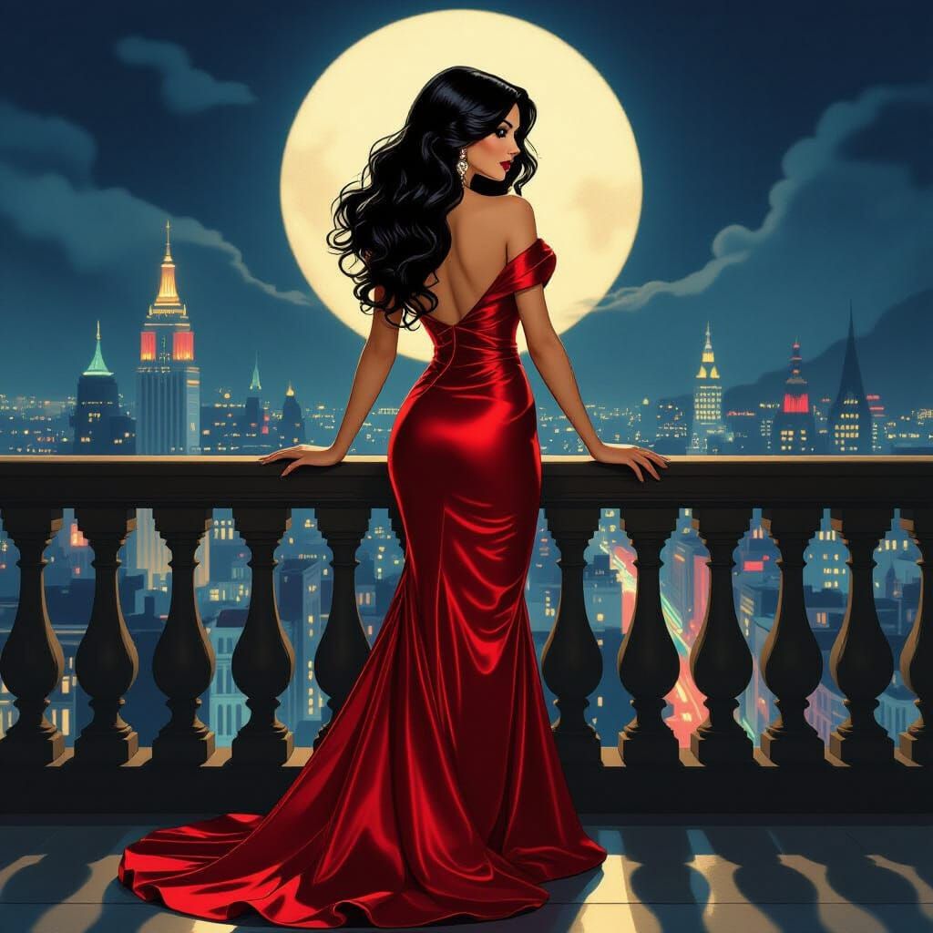 Elegant Woman in Red Gown on Balcony Overlooking City Night