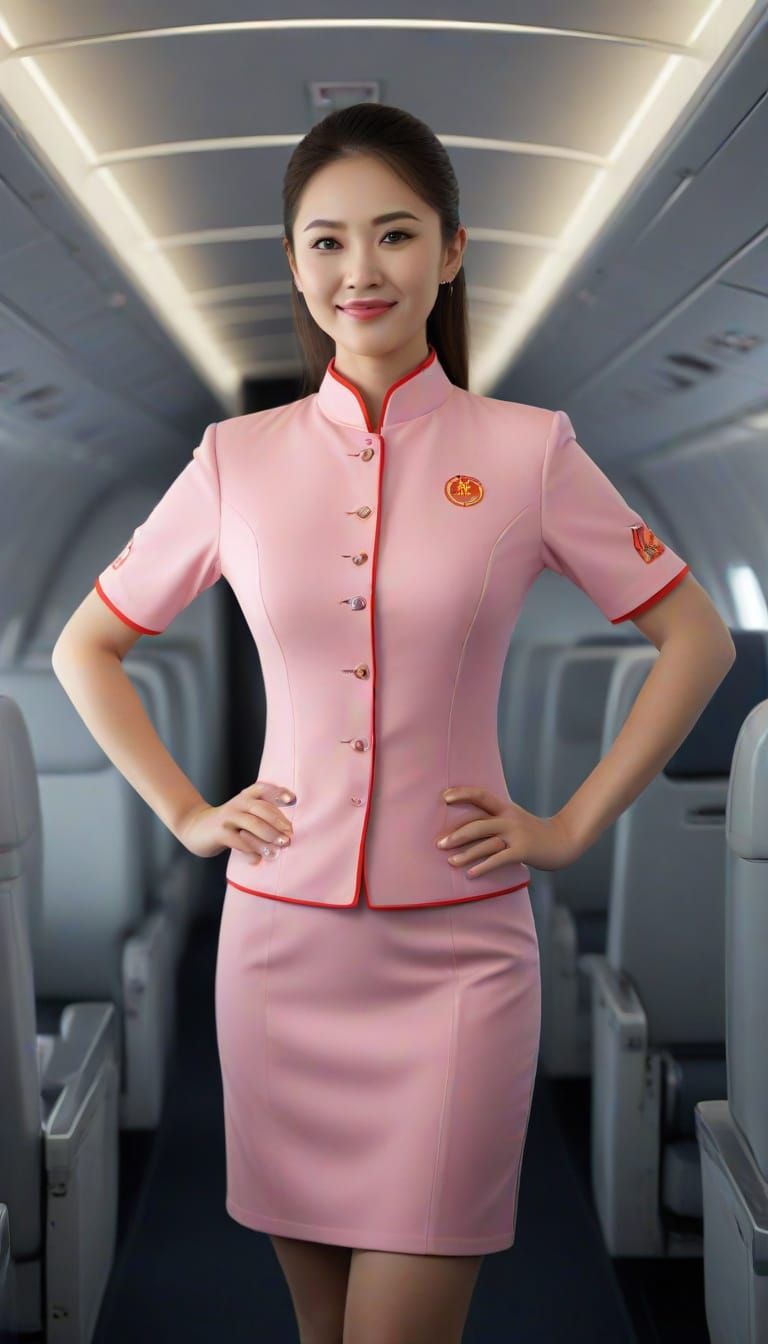 Chinese Flight Attendant in Elegant Qipao Uniform