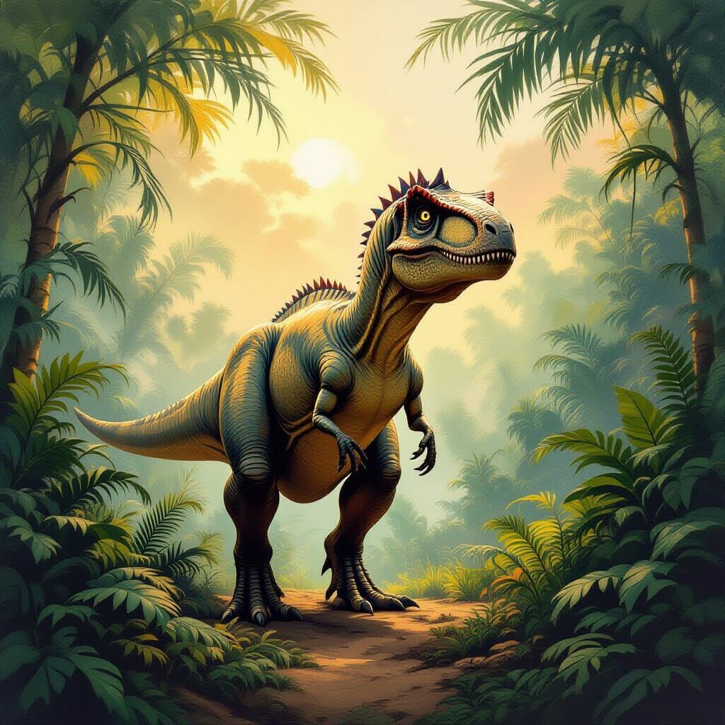 Jurassic Dinosaur in Lush Environment: Oil Painting
