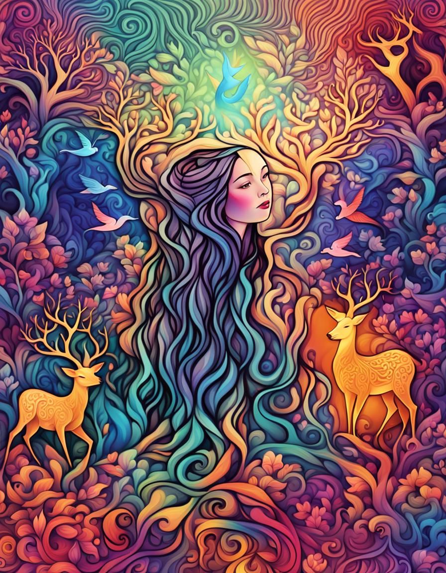 Pagan Woman with Roots and Wildlife in Fractal Style