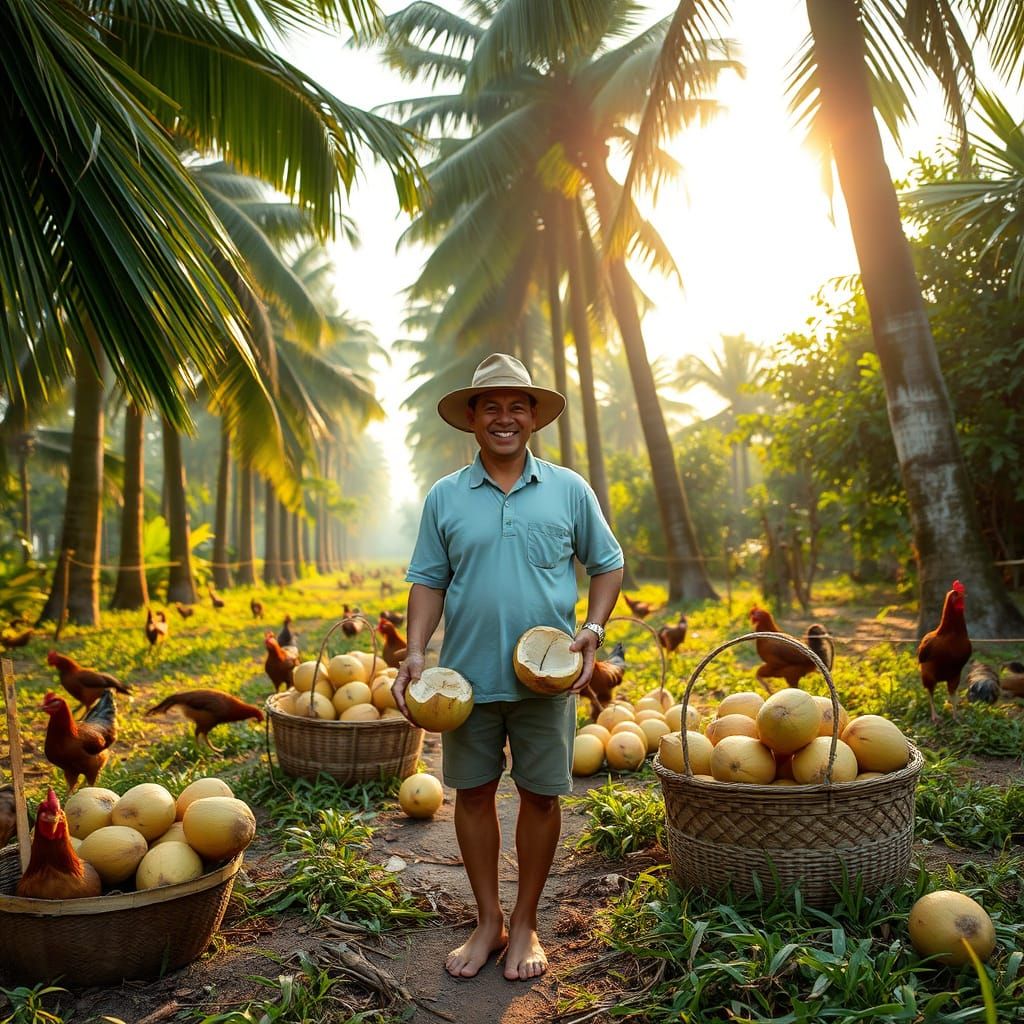 Harvesting Coconuts on Organic Farm, Southeast Asia