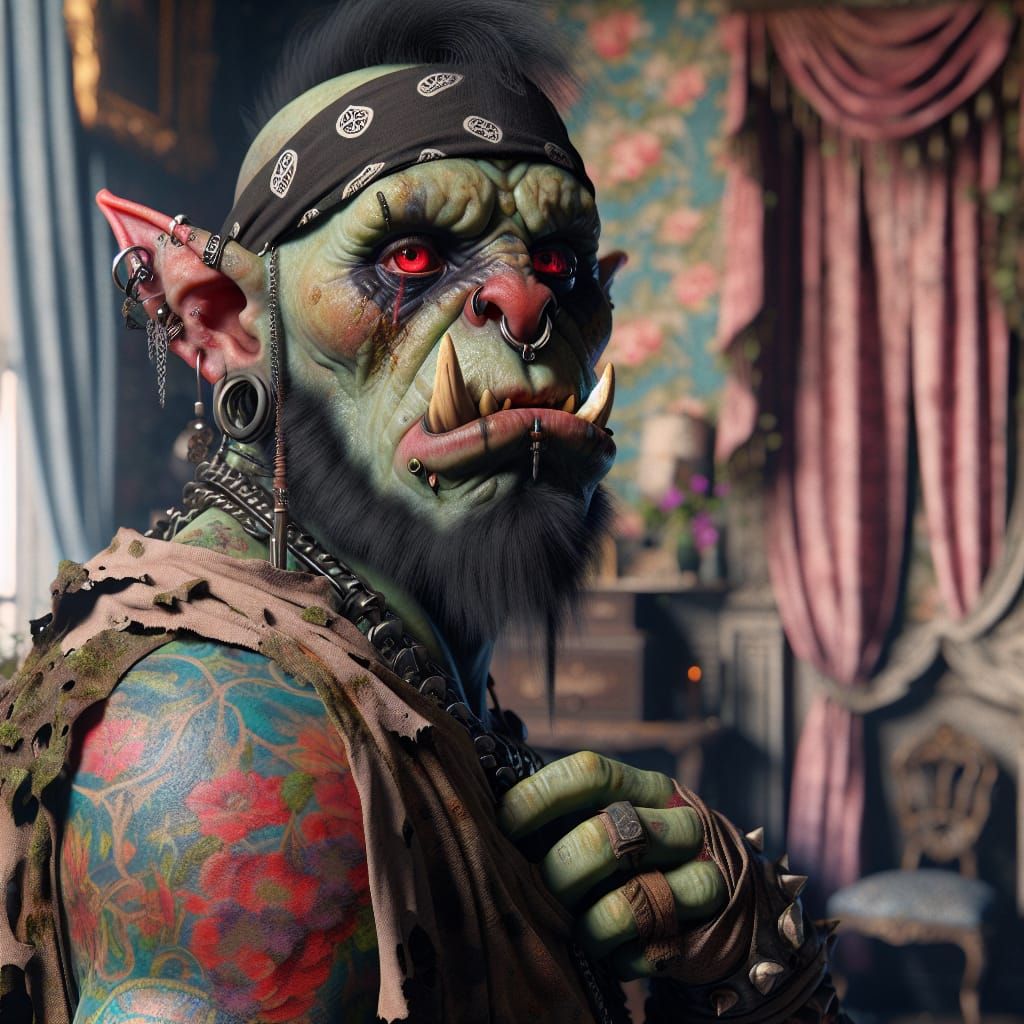 Gothic Orc with Tattoo Sleeve in Rococo Bedroom