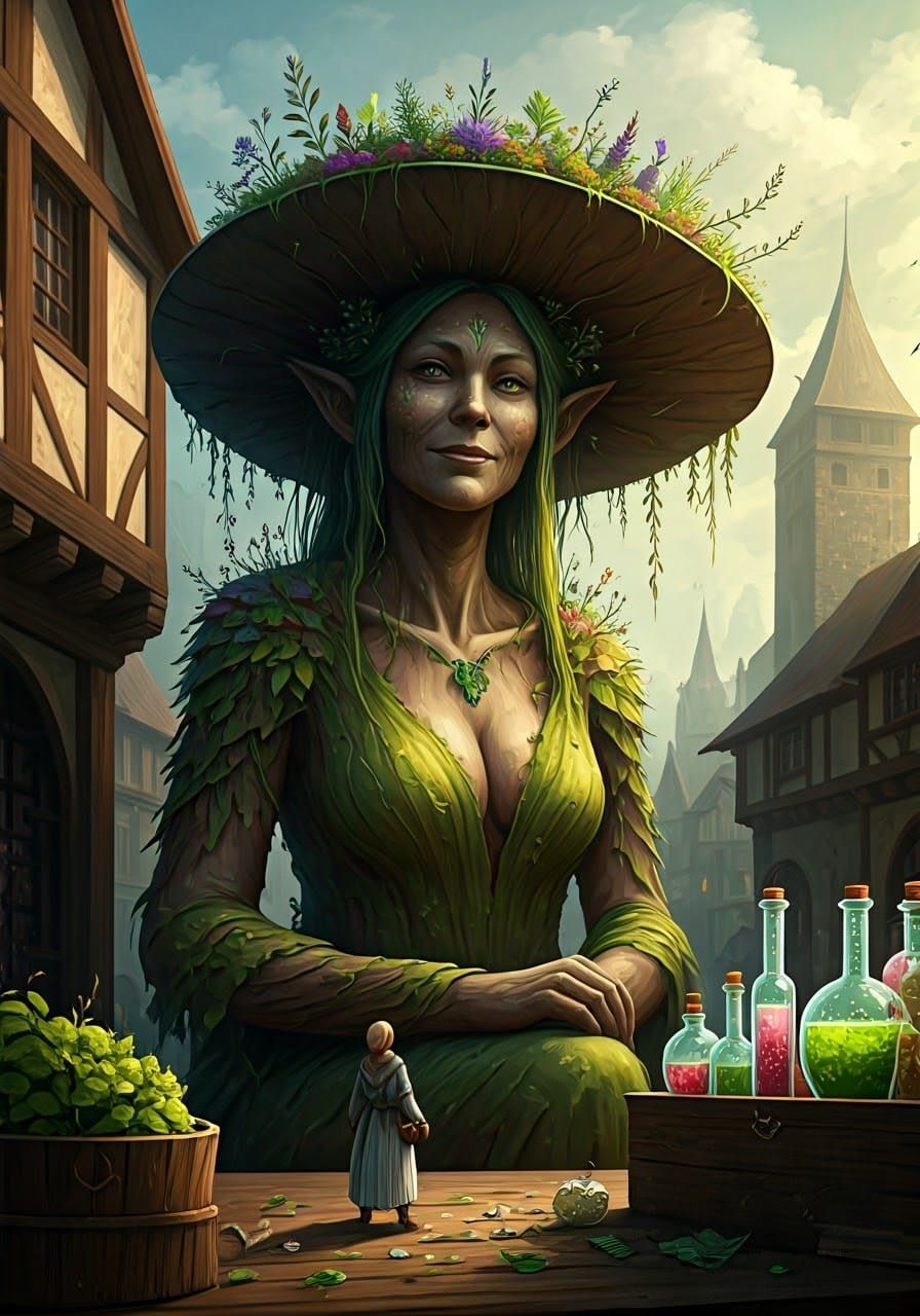 Giant Dryad Sells Healing Potions in Whimsical Marketplace