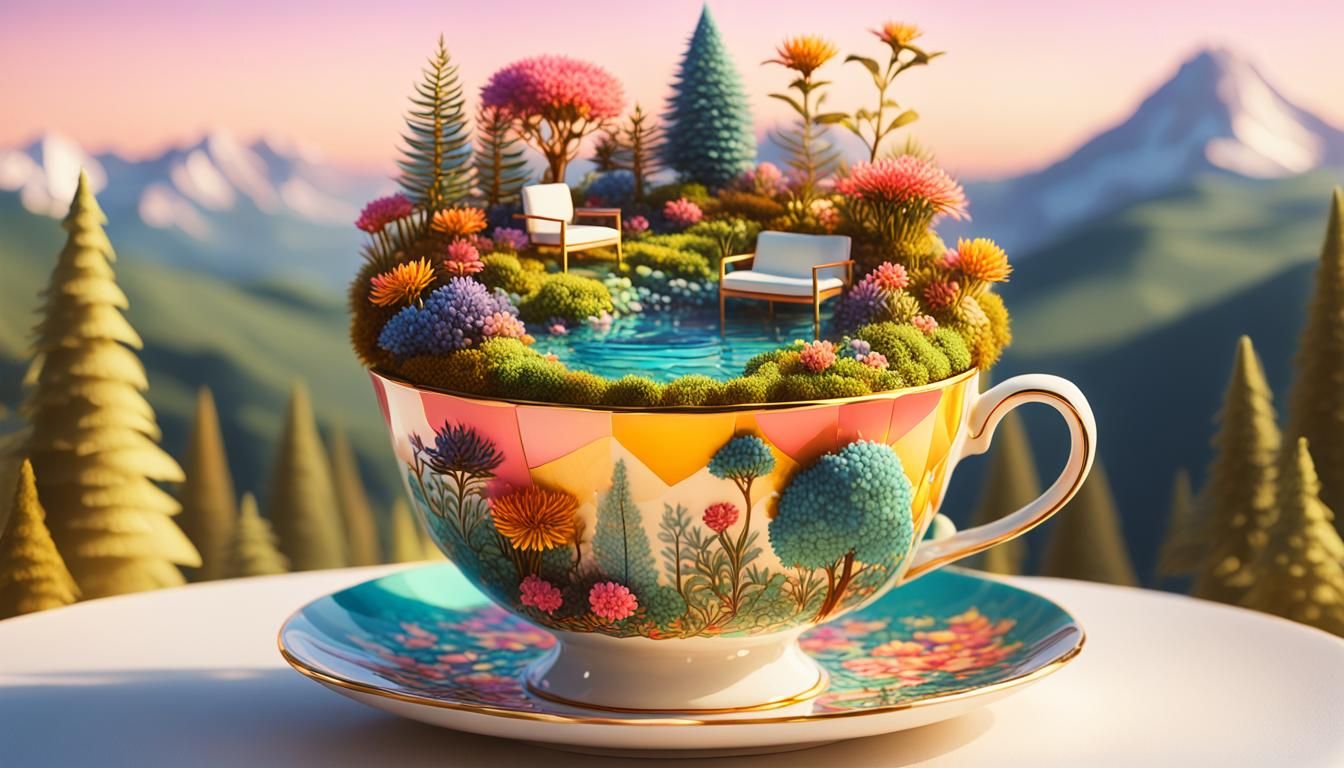 Miniature Ecosystem Thrives on Teacup in Pop Art