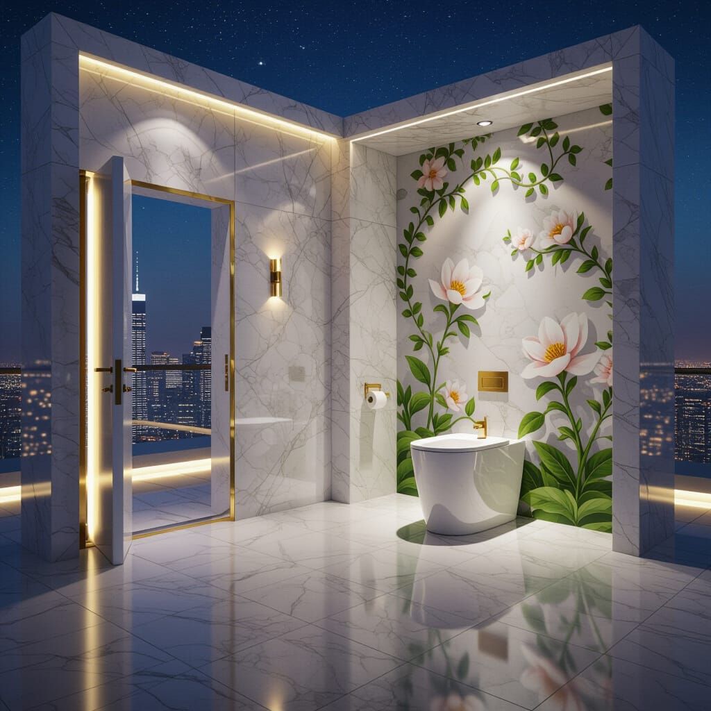Luxury Toilet Pavilion on Skyscraper Rooftop at Night