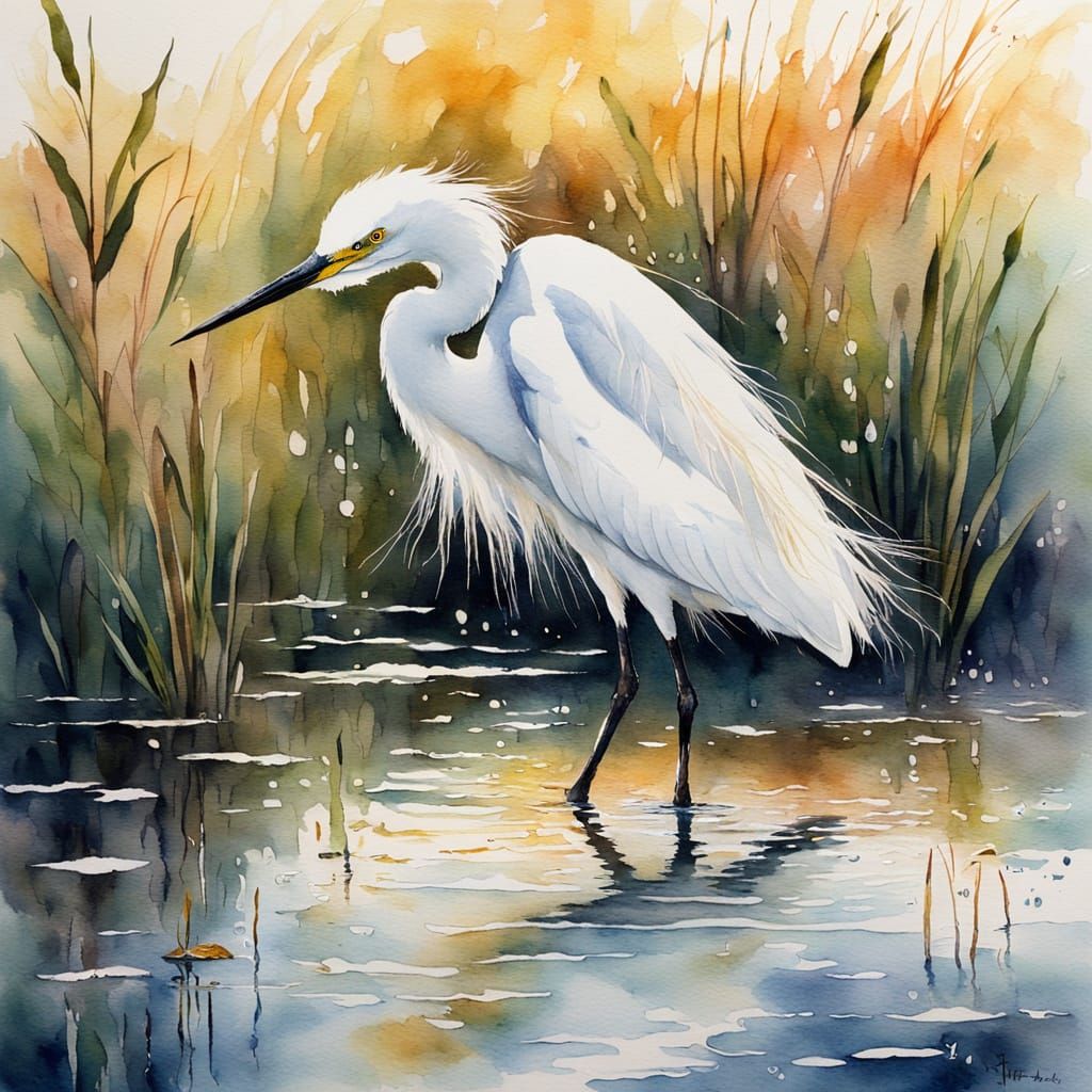 Snowy Egret Wading in Marsh, Watercolour Painting