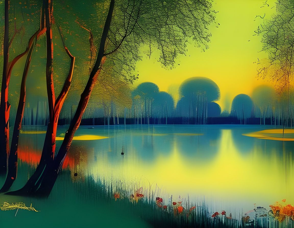 Moonlit Lakeside View in Textured Oil Painting Style