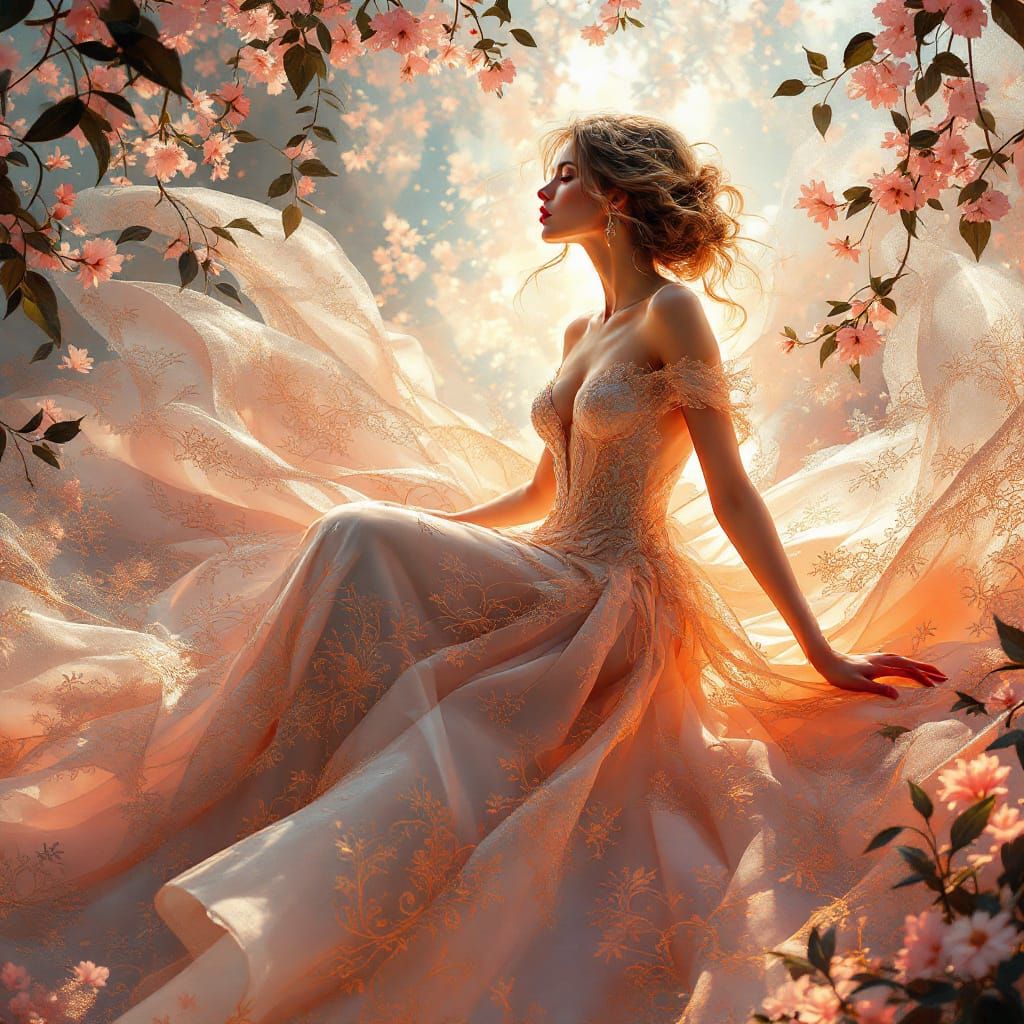 Art Nouveau Woman in Flowing Gown with Lace