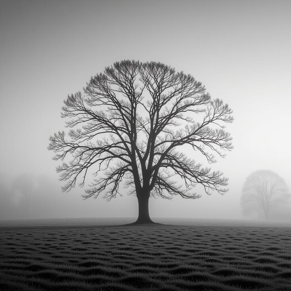 Solitary Tree in Foggy Meadow - Black and White Photography