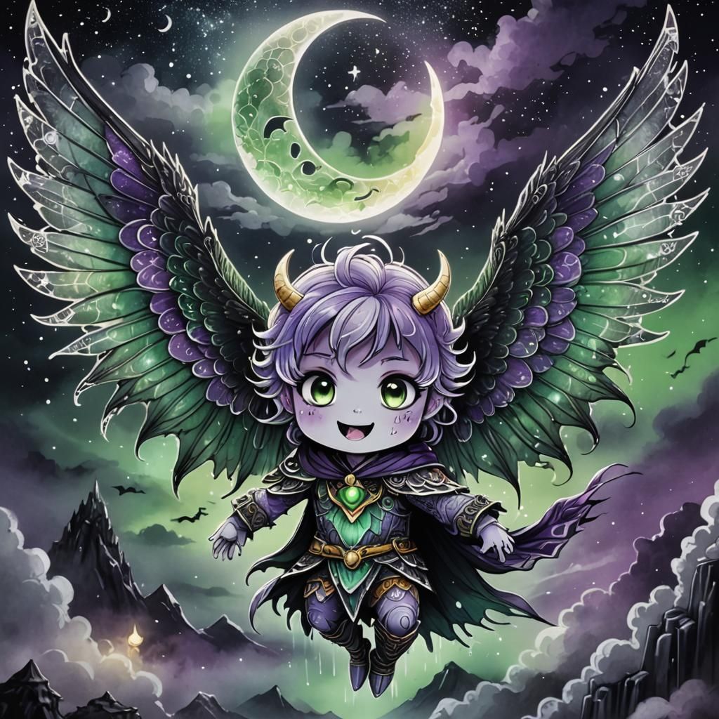 Chibi Ice Wing Monster in Dark Fantasy Anime Style