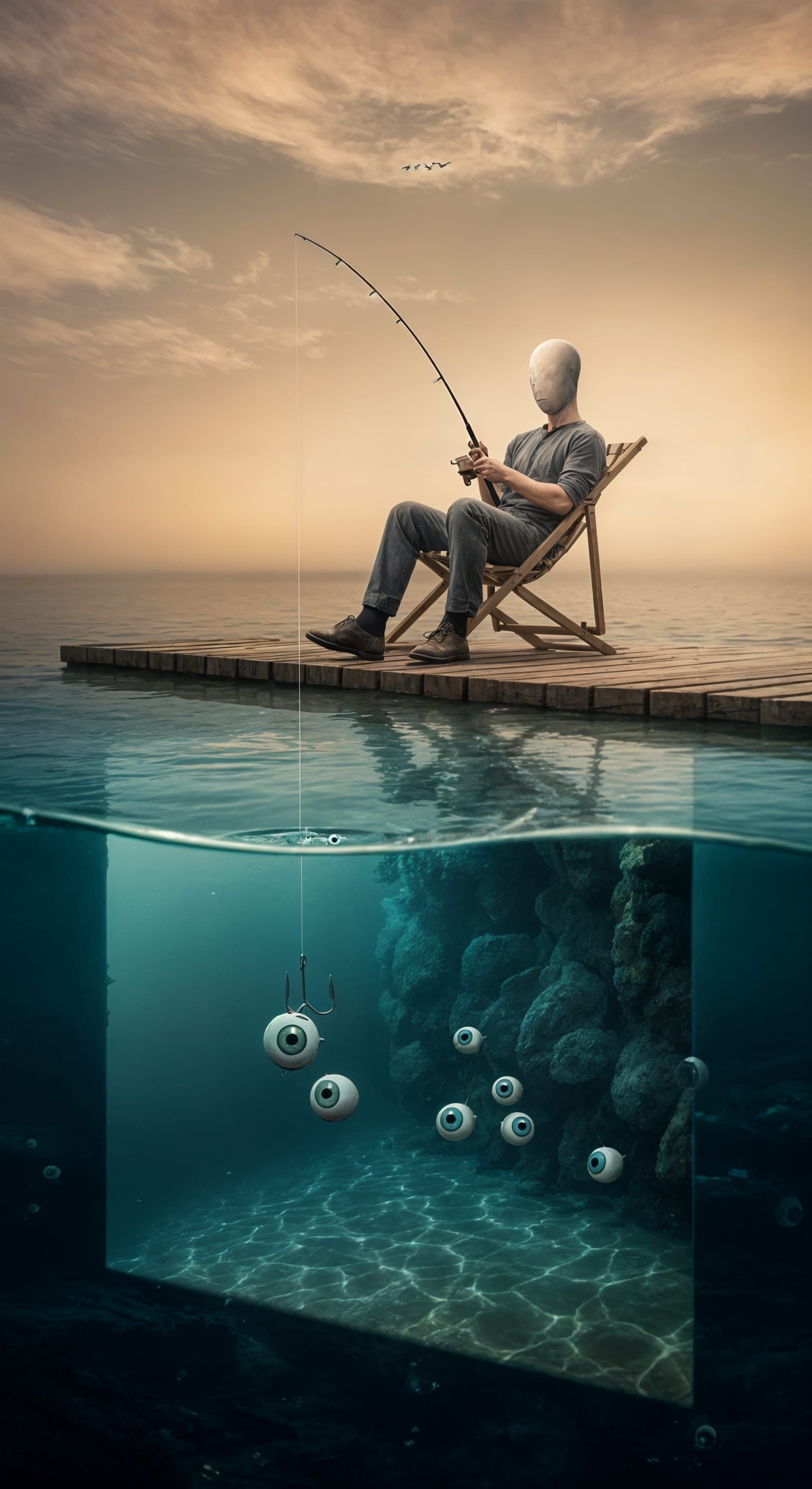 Surreal Pier Scene with Fishhook Eyeballs