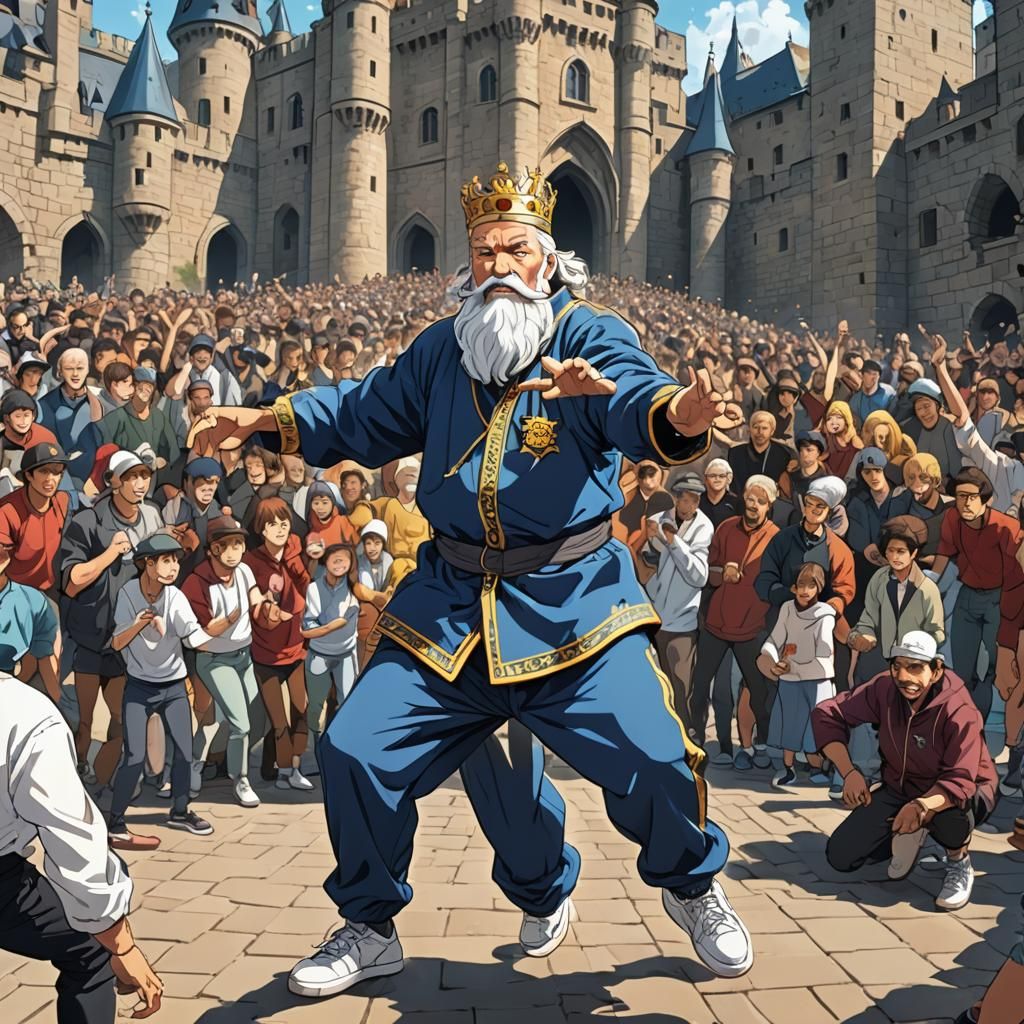 Anime King Breakdancing in front of Castle