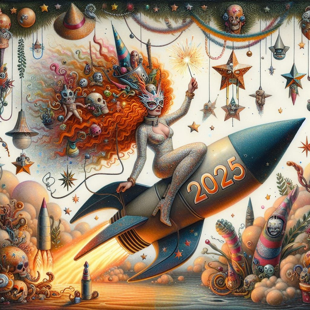 Surreal New Year's Eve Scene with Extravagant Female Figure