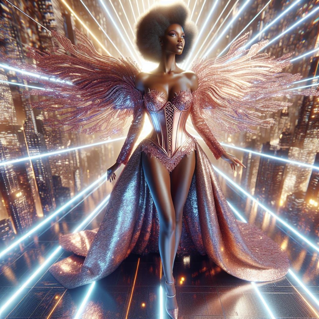 African American Goddess in Rose Gold Runway Dress