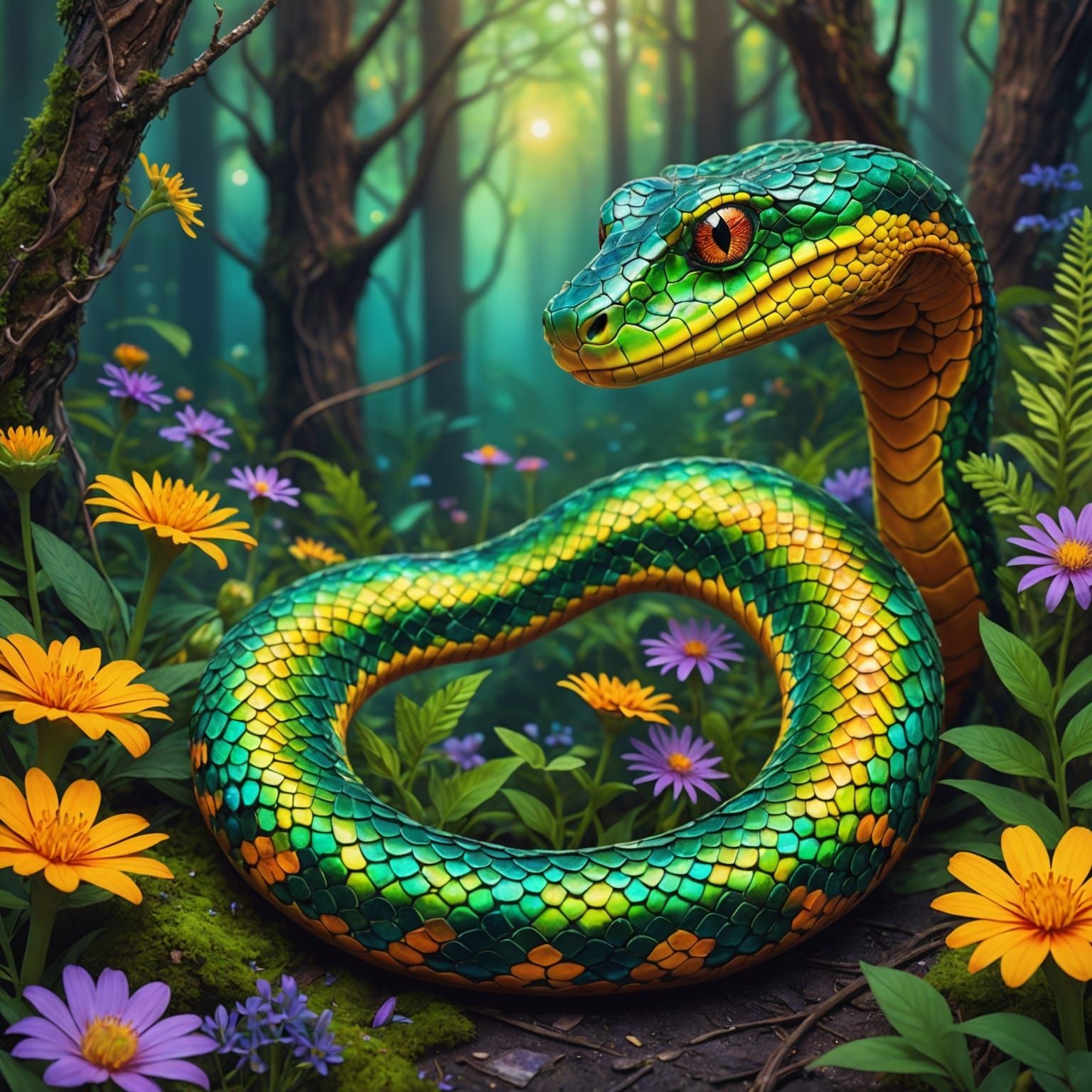 Iridescent Snake Coiled Among Bright Wildflowers