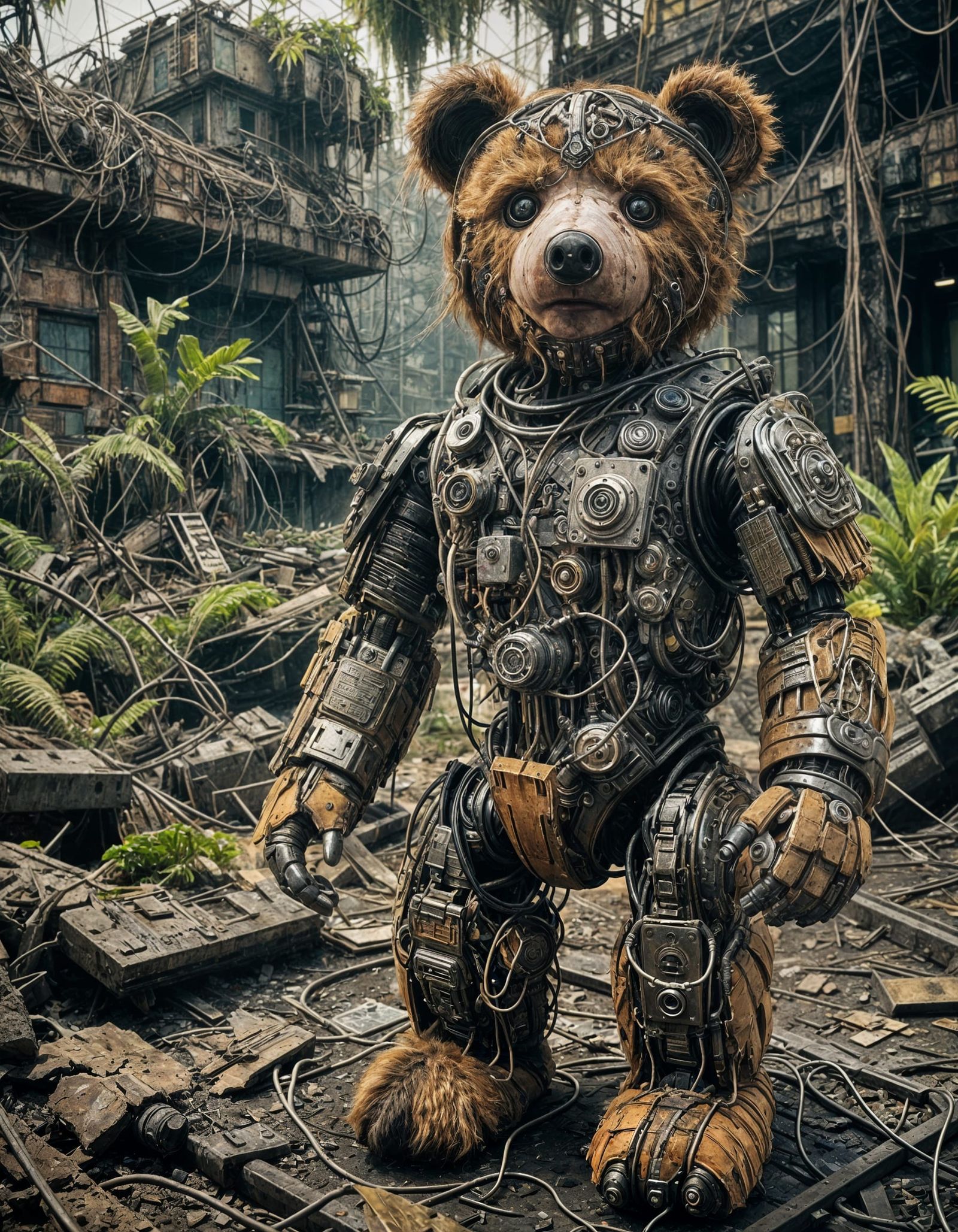 Dystopian Cybernetic Teddy Bear in Gritty Scene
