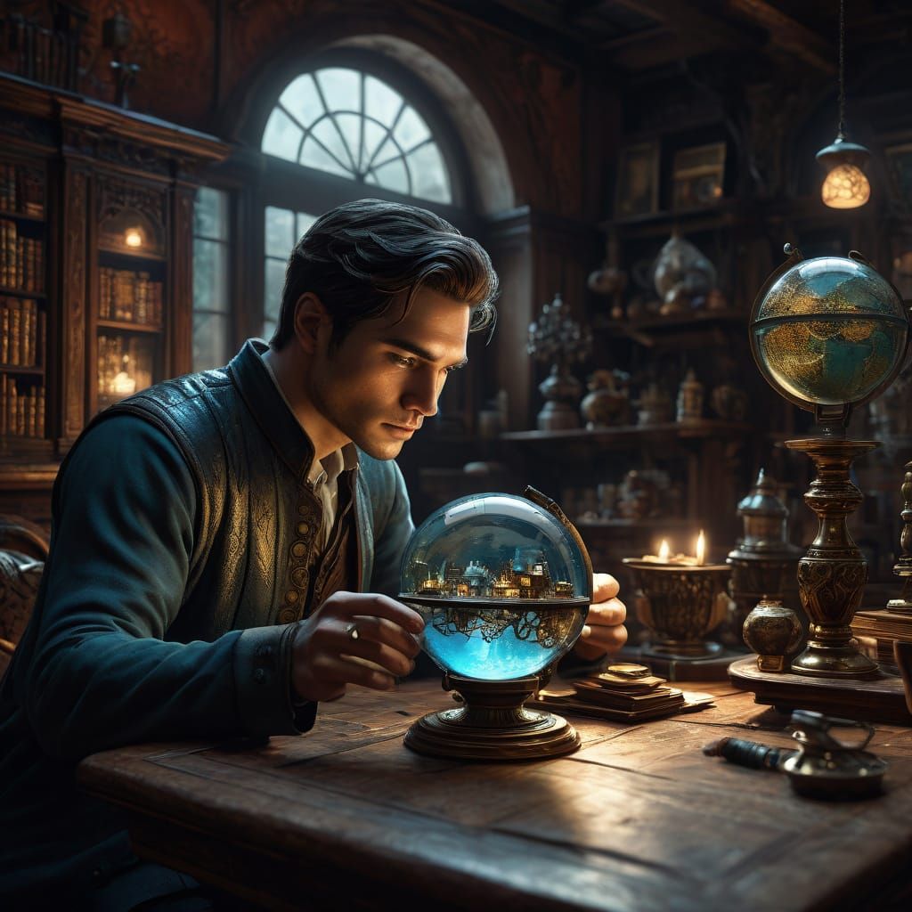 Man Examines Magical Globe in Opulent Room