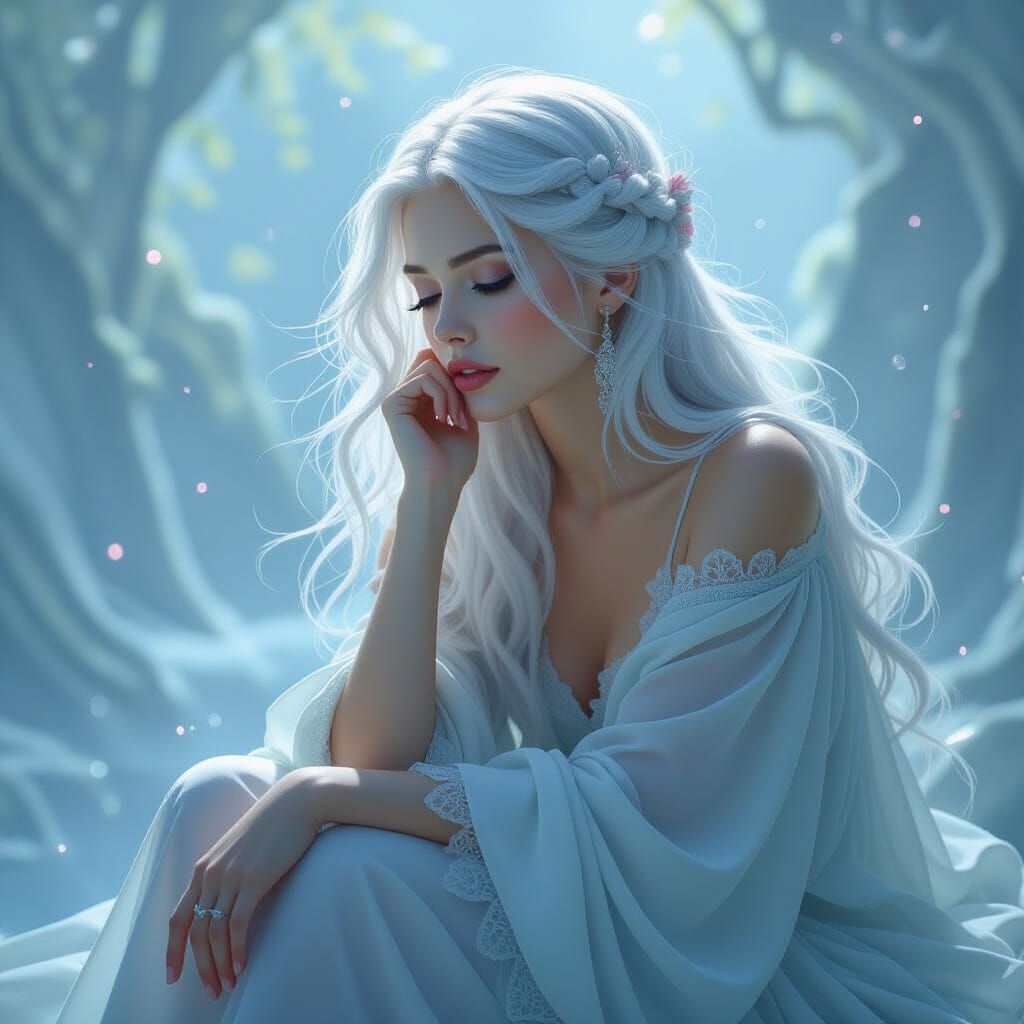 Ethereal Woman in Shimmering Mist, Dreamlike Art