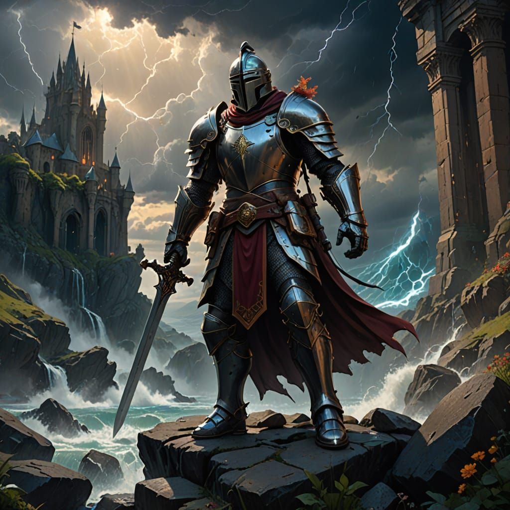 Battle-Worn Knight in Storm, Epic Fantasy Art