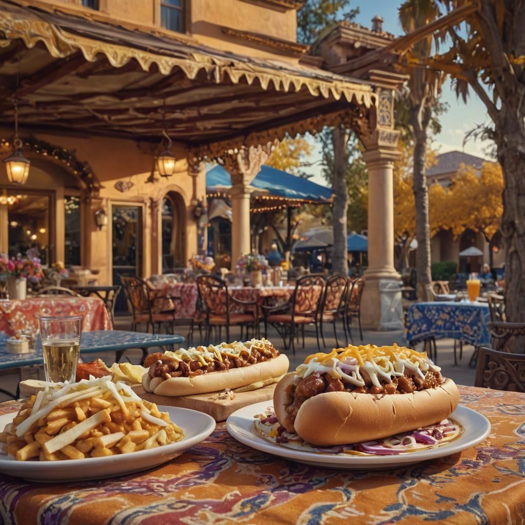 Gourmet Chili Dog in Ornate Outdoor Restaurant