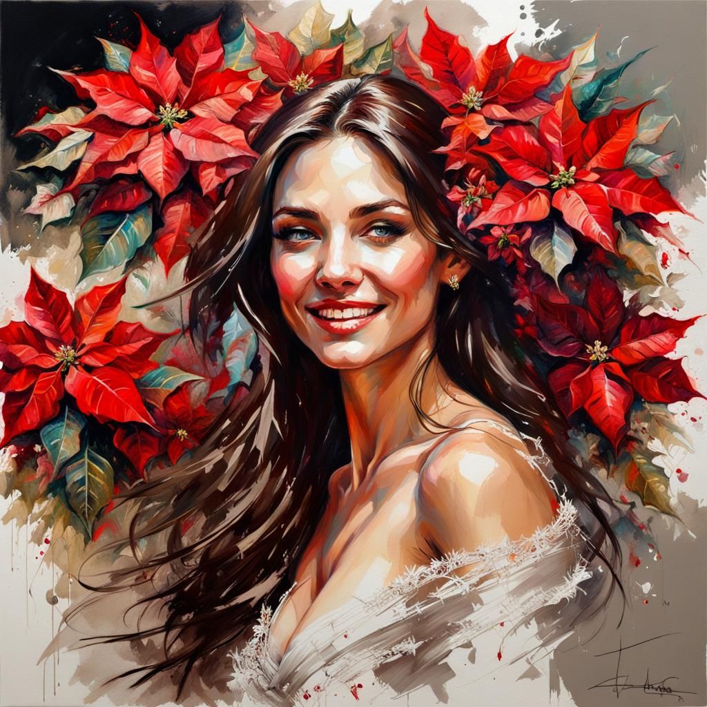 Festive Brunette Portrait with Poinsettias