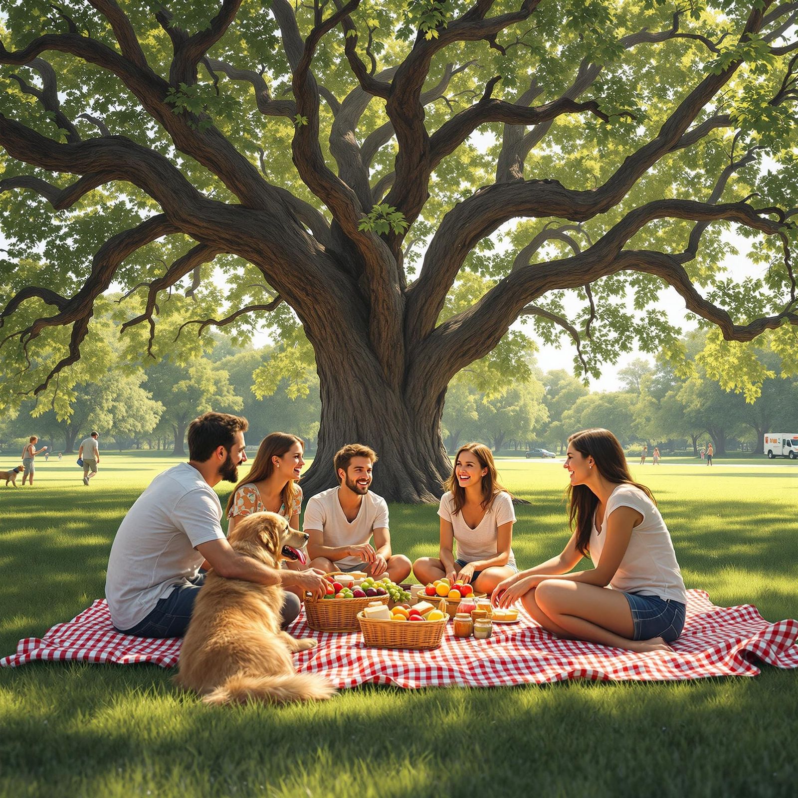 Warm Summer Family Picnic Beneath a Majestic Oak Tree