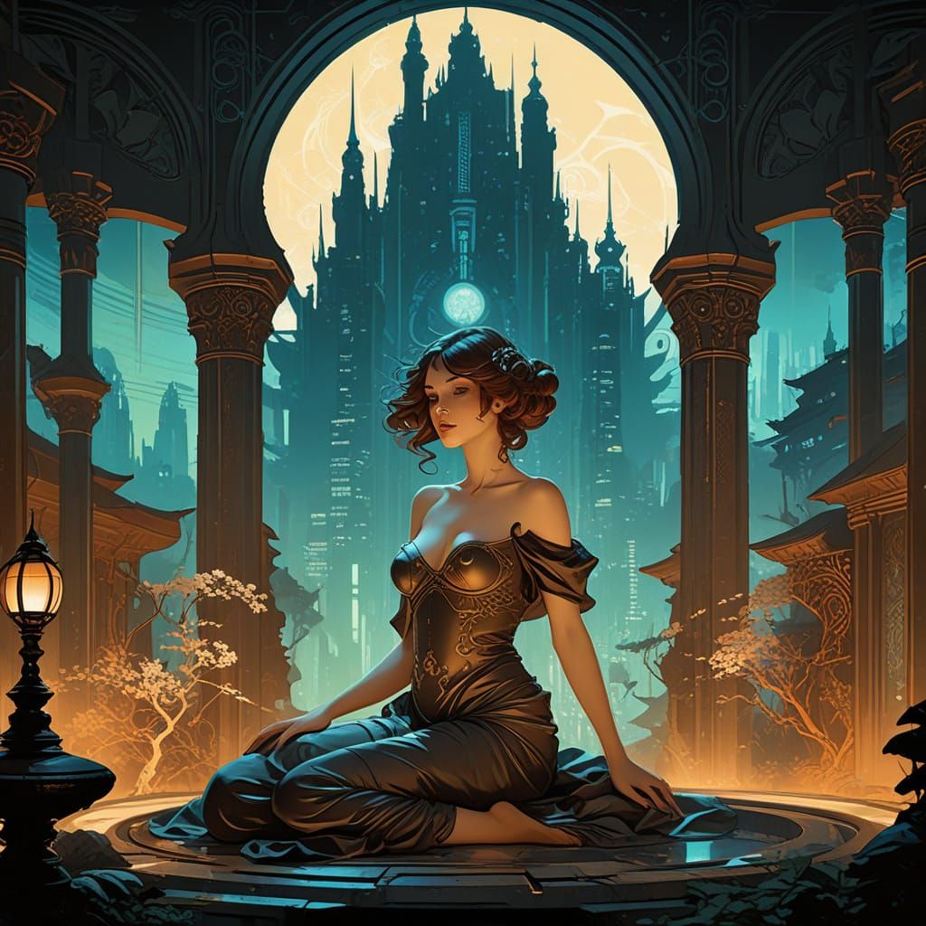 Zen Garden Meets Cyberpunk Cityscape in Dieselpunk Style