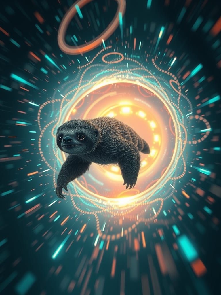 Sloth Navigates Shimmering Temporal Vortex in Hyperrealistic...