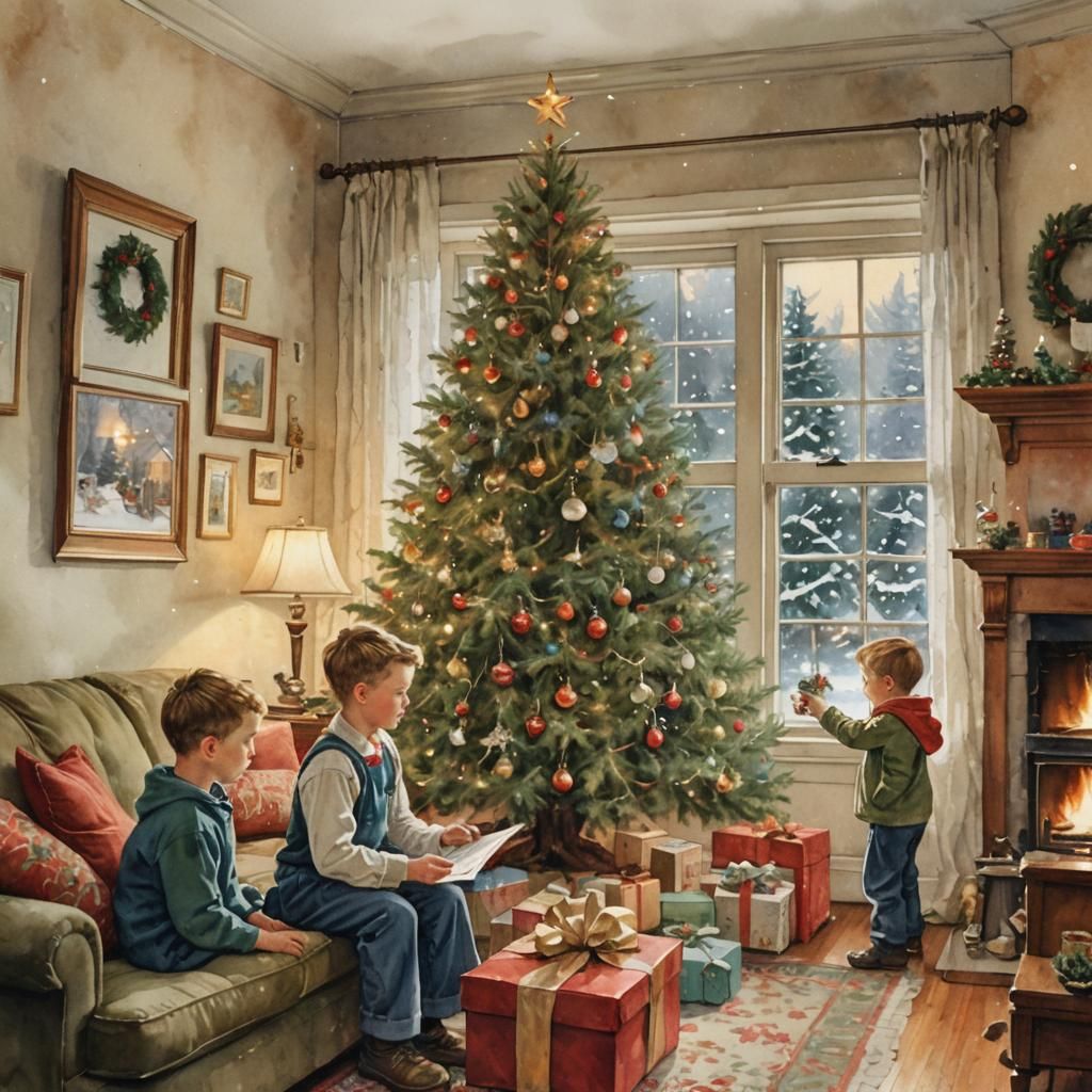 Children Decorating Christmas Tree in Watercolor Style