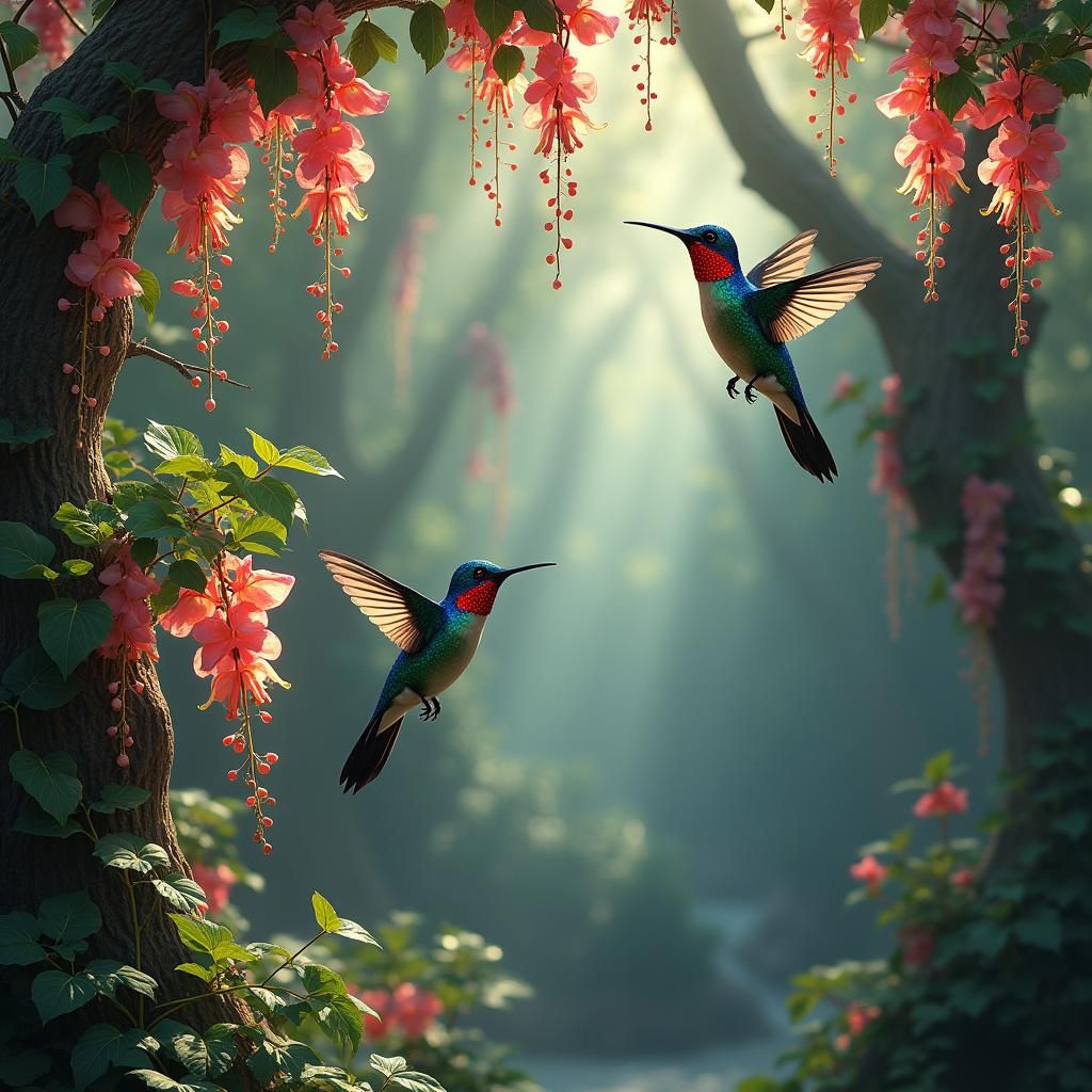 Honeysuckle and Hummingbirds in Detailed Matte Painting