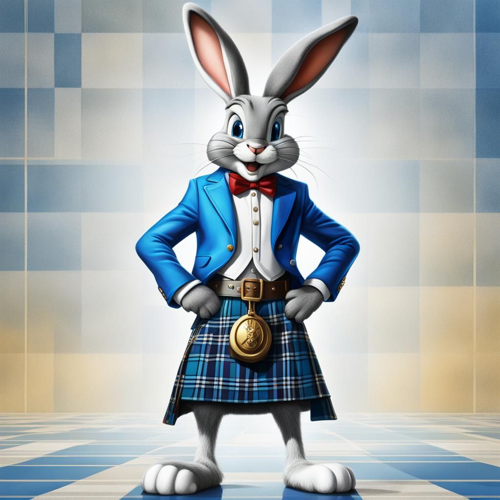 bugs bunny in blue and silver tartan kilt Hyperrealistic, splash art, concept art, mid shot, intricately detailed, color...