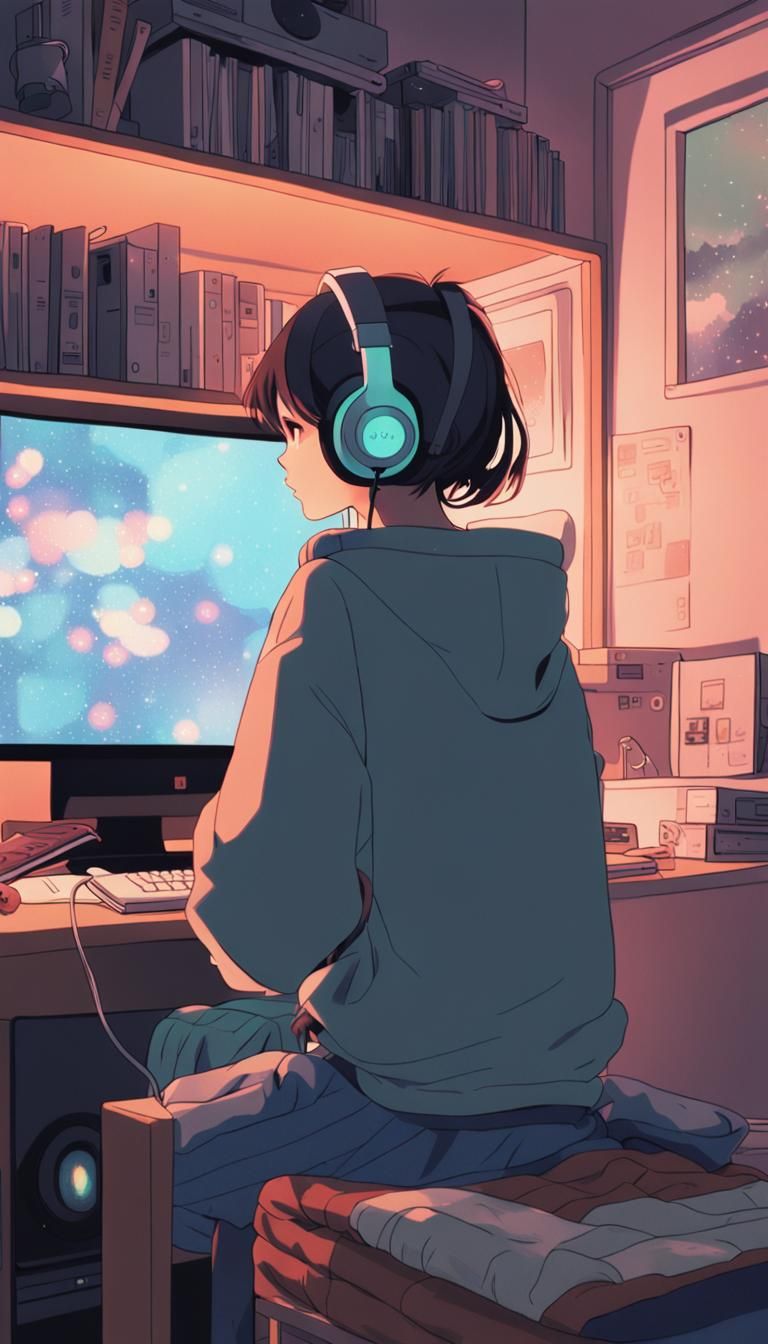 Cozy Anime Girl Listening to Music in Bedroom
