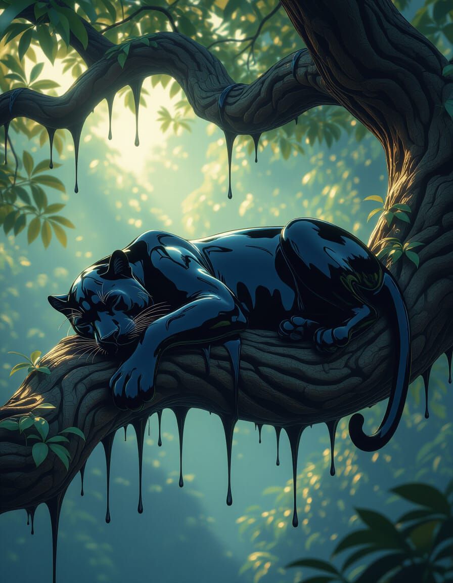 Black Panther Made of Dripping Oil Rests on Ancient Tree