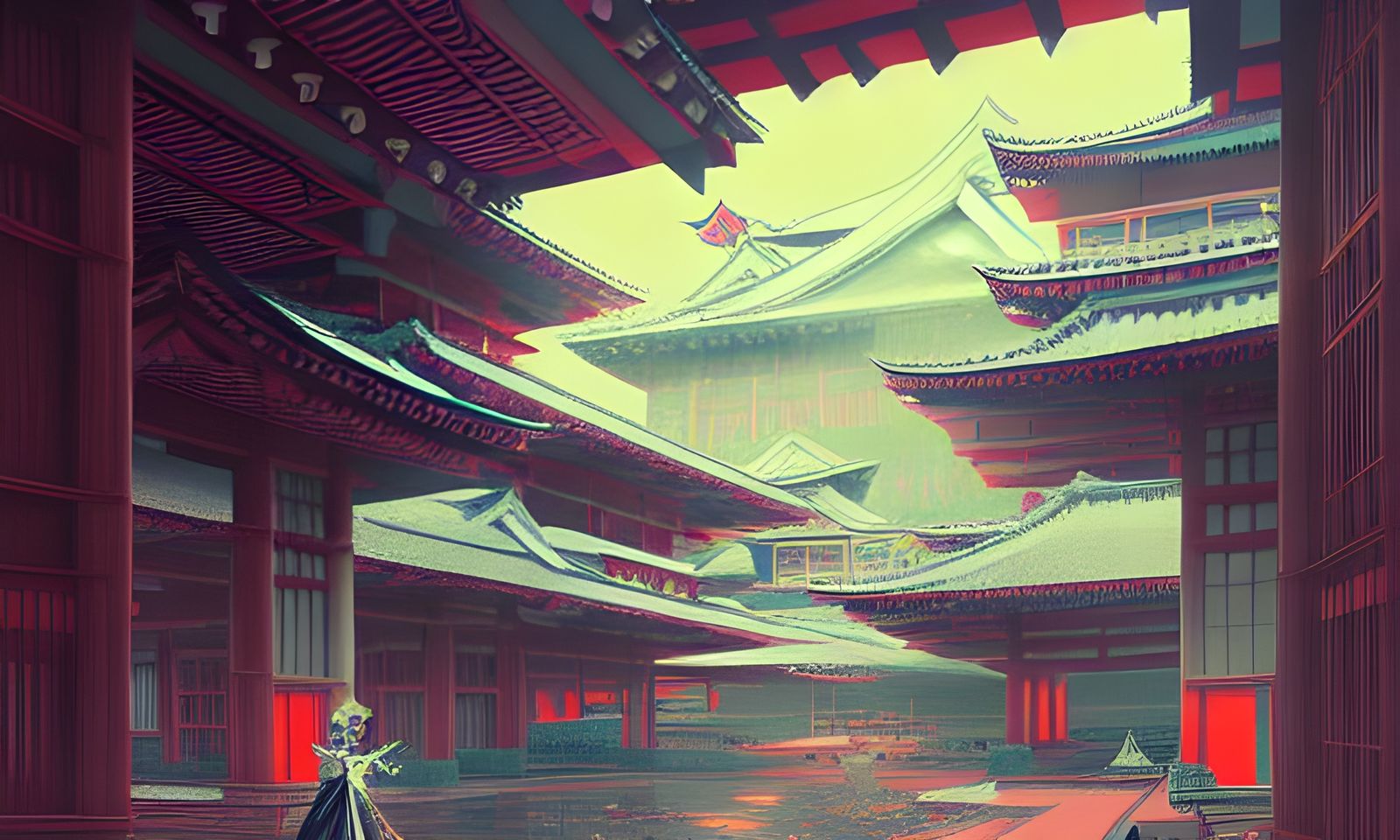 Surreal Japanese Castle Interior in Non-Euclidean Style