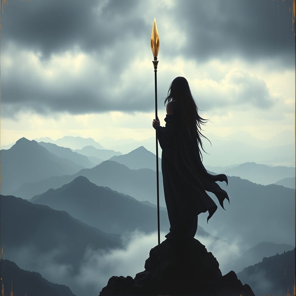 Ethereal Figure on Mountain Peak in Ash Thorp Style