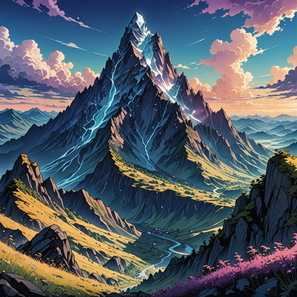Majestic Sapphire Mountain in Vibrant Cel-Shaded Style