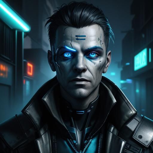 Cyberpunk Hacker Portrait in Gritty Neon Alleyway