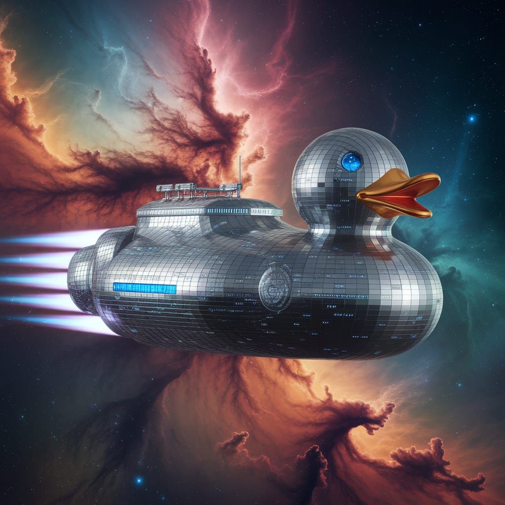 Galactic Rubber Duck Spaceship in Vibrant Nebula