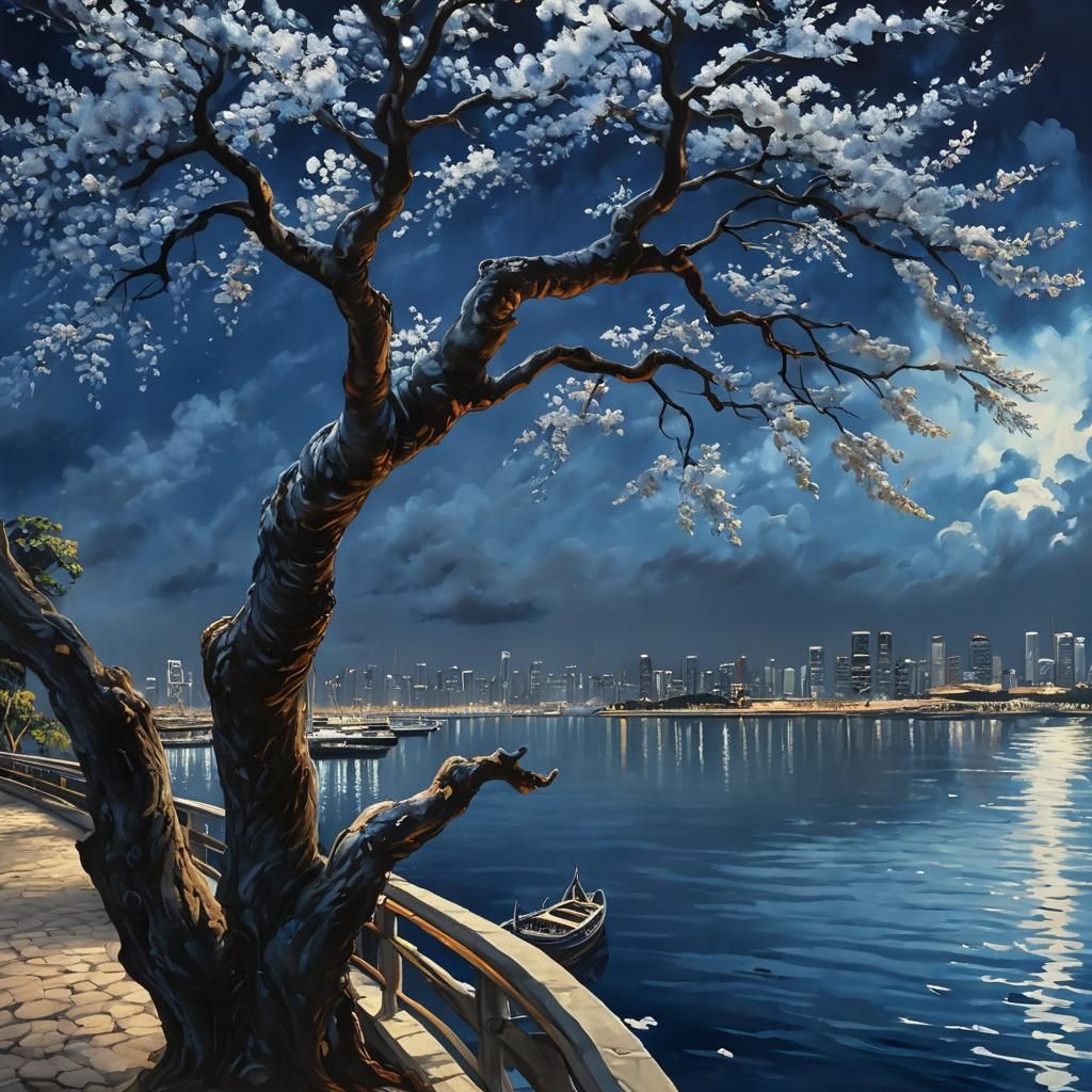 Tree Blossoms over Singapore Harbour at Night as Intaglio Pa...
