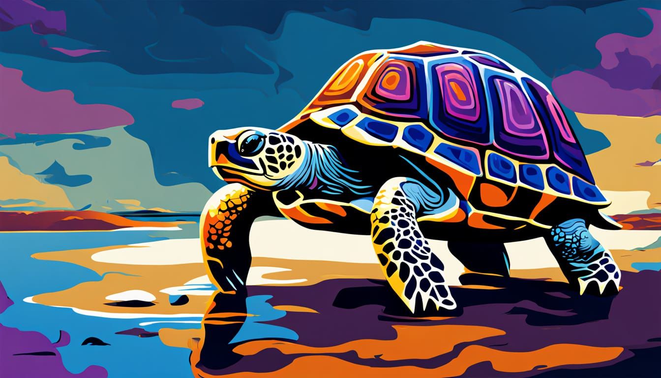 Surreal Turtle with Distorted Furniture and Vibrant Colors