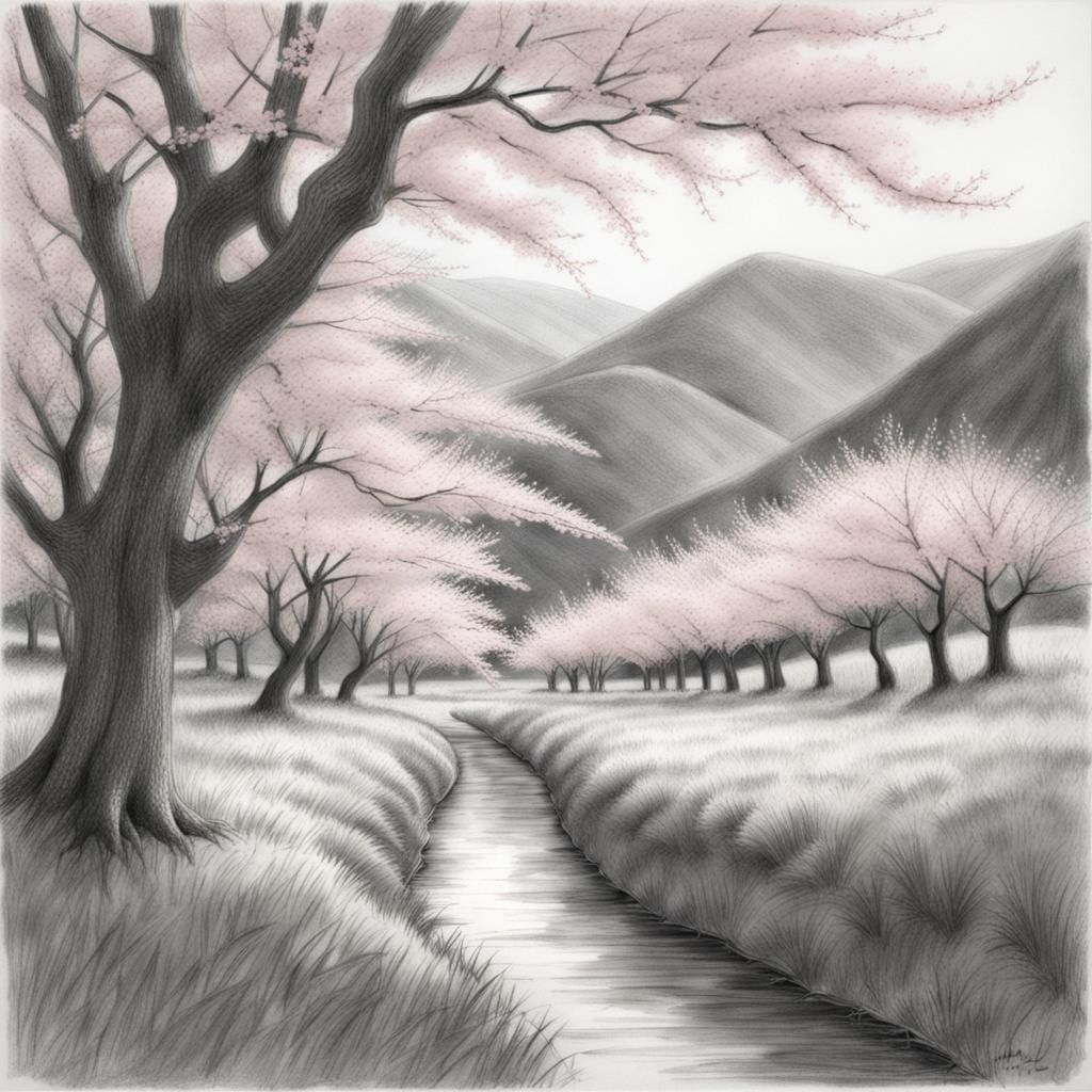 Peaceful Cherry Blossom Valley: Pencil Sketch