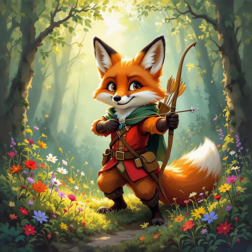 Robinhood Fox in Enchanting Forest Oil Painting