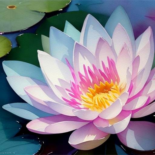 Delicate Lotus Blossom: Watercolor Painting with Ink Splatte...