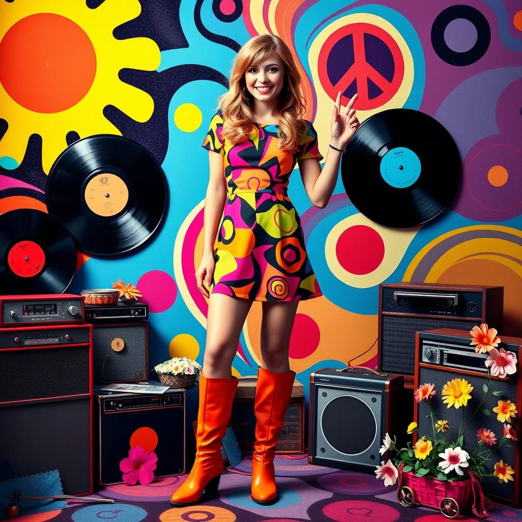 Vibrant Psychedelic Scene of Free-Spirited Teenage Girl in 1...