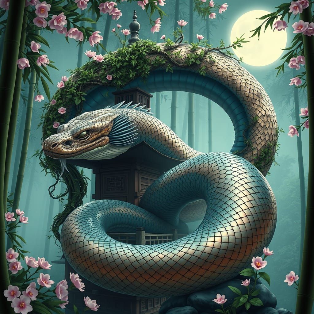 Serpent Goddess Watches Over Ancient Temple in Moonlit Bambo...