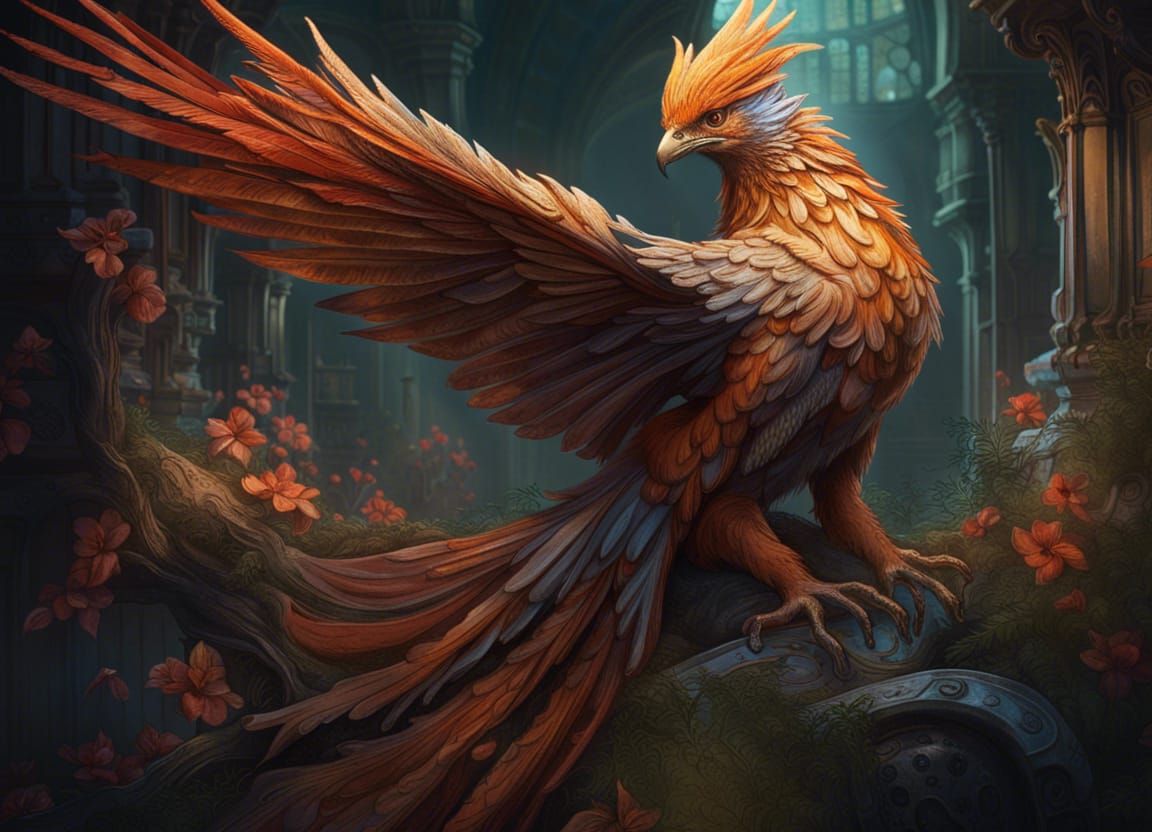 Phoenix on Branch in Art Nouveau Style