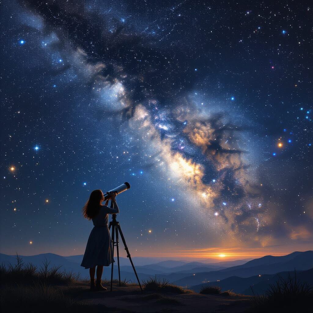 Woman Gazes at Milky Way Through Telescope
